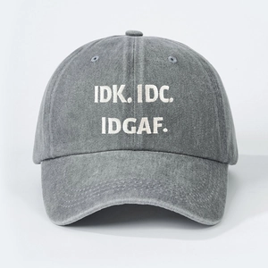 Vintage dark grey washed denim baseball cap featuring white IDK IDC IDGAF embroidery