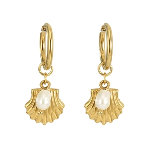 Elegant gold titanium shell earrings with white pearl accents on white background