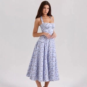 Floral Halter Backless Maxi Dress For Women Slim Fit Button Front Elegant Vacation Style Sleeveless Polyester