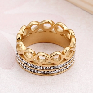 Golden titanium steel ring featuring an infinity crown design with double-row crystals