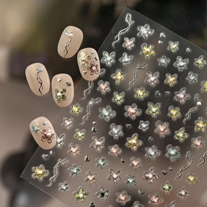 5D Embossed Nail Art Stickers Flowers With Artificial Pearl Beads Silver Metallic Outline Self-Adhesive DIY Manicure Decoration
