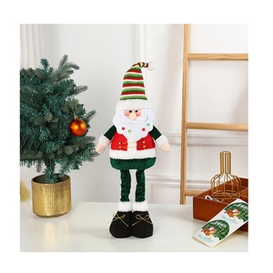 Standing Christmas plush doll with retractable legs and red striped hat for home decor