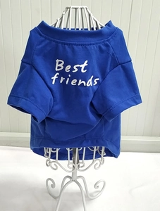 Detailed view of a blue cotton pet T-shirt featuring white Best Friends text print