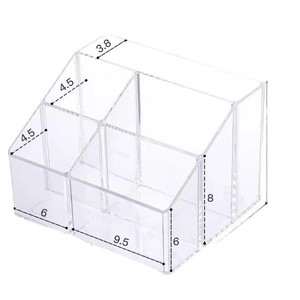 Transparent acrylic desk organizer with 5 compartments showing detailed size dimensions