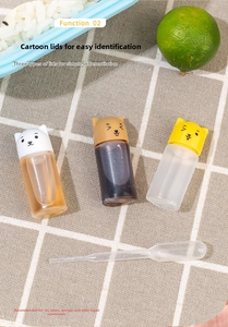 Detailed view of mini cartoon cat sauce bottles with dropper for bento meal prep