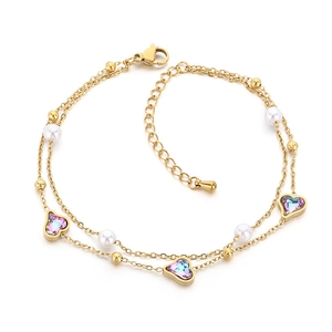 Double-layered 18K gold heart crystal and pearl anklet featuring a lobster clasp closure