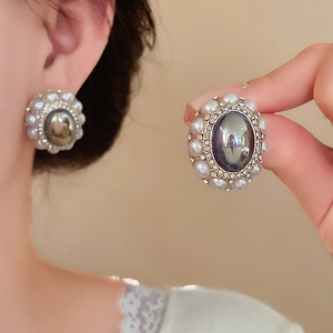 Vintage Palace Style Oval Stud Earrings With Alloy Rhinestone Faux Artificial Pearl And 925 Sterling Silver Earring Post For Women