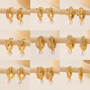 Elegant Copper Gold Plated Hoop Earrings With Cubic Zirconia And Faux Artificial Pearl Butterfly Heart Style Jewelry For Women
