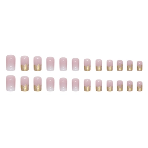Pink gradient press-on nails with luxury gold foil flakes in short square shape