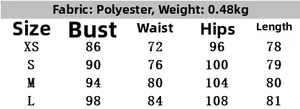 Detailed size chart for pleated mini dress in polyester with weight information