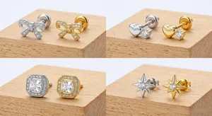 G23 titanium labret studs set with heart bow star geometric zircon piercings
