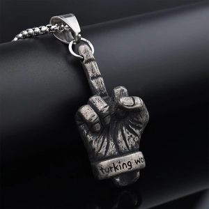 Punk style middle finger gesture pendant in vintage silver stainless steel finish