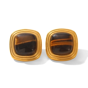 French vintage tiger eye stone square earrings with brushed gold stainless steel frame