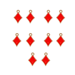 Detail of ten red enamel diamond-shaped poker charm pendants with gold metal edges
