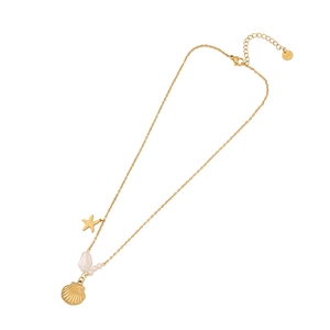 Golden stainless steel ocean necklace with starfish, pearl and shell pendants on white background