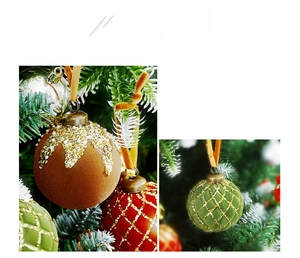 Detail of flocked Christmas balls with gold sequins and festive ribbon hangers
