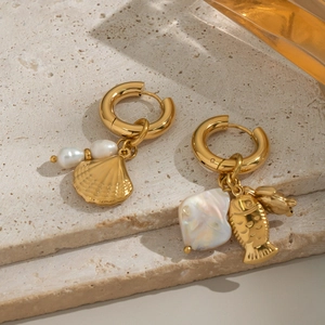 Asymmetric gold ocean earrings with shell, fish pendants and baroque freshwater pearls