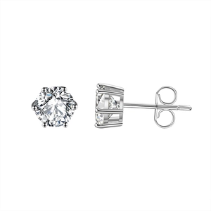 Classic S925 sterling silver 8mm round stud earrings with six-prong cubic zirconia setting