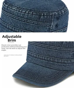 Detail of dark blue denim military cap featuring a reinforced flat top and curved brim