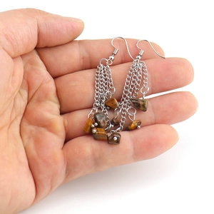 Handmade silver tassel earrings featuring multi-layer chains and natural tiger eye stones