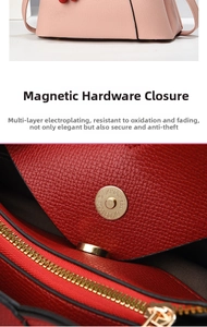 Macro shot of pink lychee texture leather handbag with gold magnetic buckle and zipper