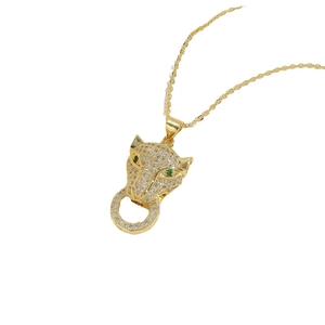 Luxury gold leopard head pendant necklace with green zircon eyes and micro pave crystals