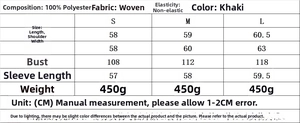 Size chart showing S, M, L dimensions for the khaki casual bomber jacket with green ribbed trim