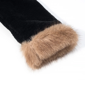 Detailed macro view of the fluffy brown faux fur collar on the black winter jacket