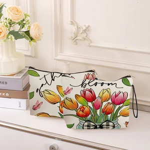 Minimalist tulip floral canvas cosmetic bags with gather bloom print and zipper closure