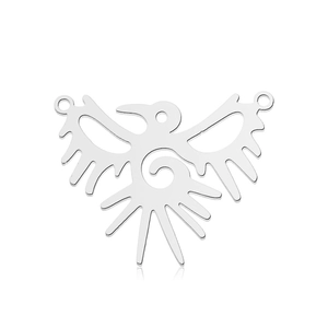 Close-up of bird totem pendant in stainless steel with hollow design and silver finish