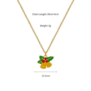 Detail of Christmas necklace with gold bell and green leaves, 39cm chain length and 3g weight