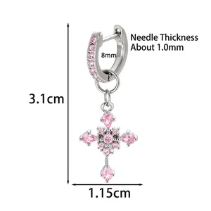 Silver cross earrings with pink zircons and size specifications in 3.1cm height
