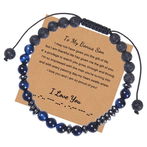 Detail of blue tiger eye and lava stone morse code bracelet with message gift card