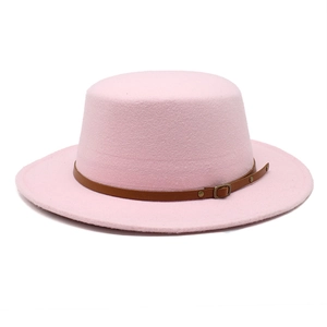 Chapeau classique en feutre de laine rose à bord large avec ruban en cuir marron