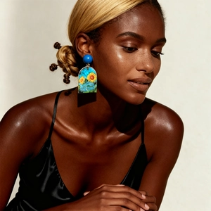 Detail of artistic rectangle sunflower oil painting earring with blue acrylic spherical top