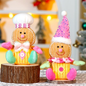 Christmas Gingerbread Man Plush Toy LED Glowing Ornament Knitted Corduroy Fabric Decorative Tabletop Desktop Holiday Gift