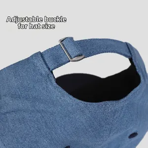 Detail of denim baseball cap showing adjustable metal buckle and twill fabric texture