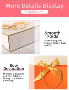 Detail of paper gift bag featuring gold braided handles and elegant satin bow decoration