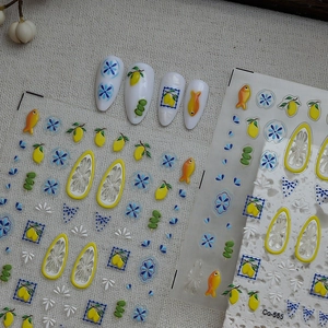 Bohemian lemon and floral self-adhesive nail stickers with 3D embossed texture
