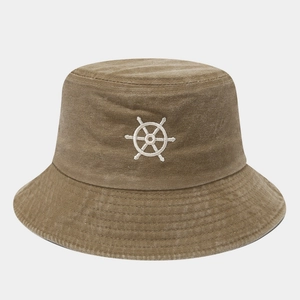 Khaki washed cotton bucket hat with white rudder embroidery and reinforced brim stitching