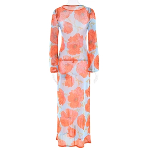 Back view of a long sleeve sheer mesh dress with blue base and orange floral patterns