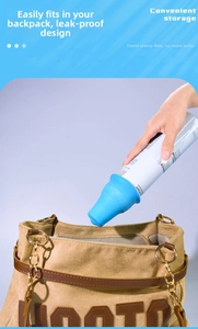 Blue leak-proof silicone sleeve for travel bottles inside a stylish beige handbag