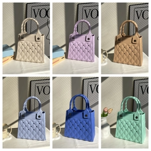 Detailed grid of EVA tote bags in six candy colors with diamond patterns and cutouts