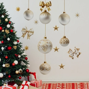 Luminous Christmas ball wall stickers with golden glitter patterns for festive decor