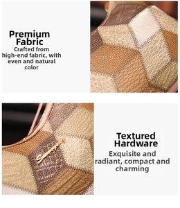 Macro shot of geometric patchwork leather texture and golden metal hardware on handbag
