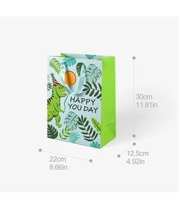 Detailed dimension guide for green cartoon dinosaur gift bag showing size measurements