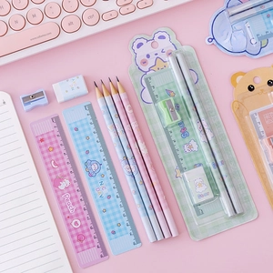 Cute cartoon stationery set for students including pencil, ruler, and sharpener in gift box