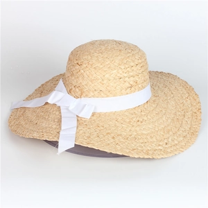 Wide brim raffia sun hat with white bow ribbon, natural straw woven beach hat for women