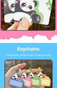 Detailed view of cute panda puzzle keychains with colorful bases and cards.