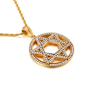 Gold hollow hexagram pendant with sparkling diamonds on twisted chain for men